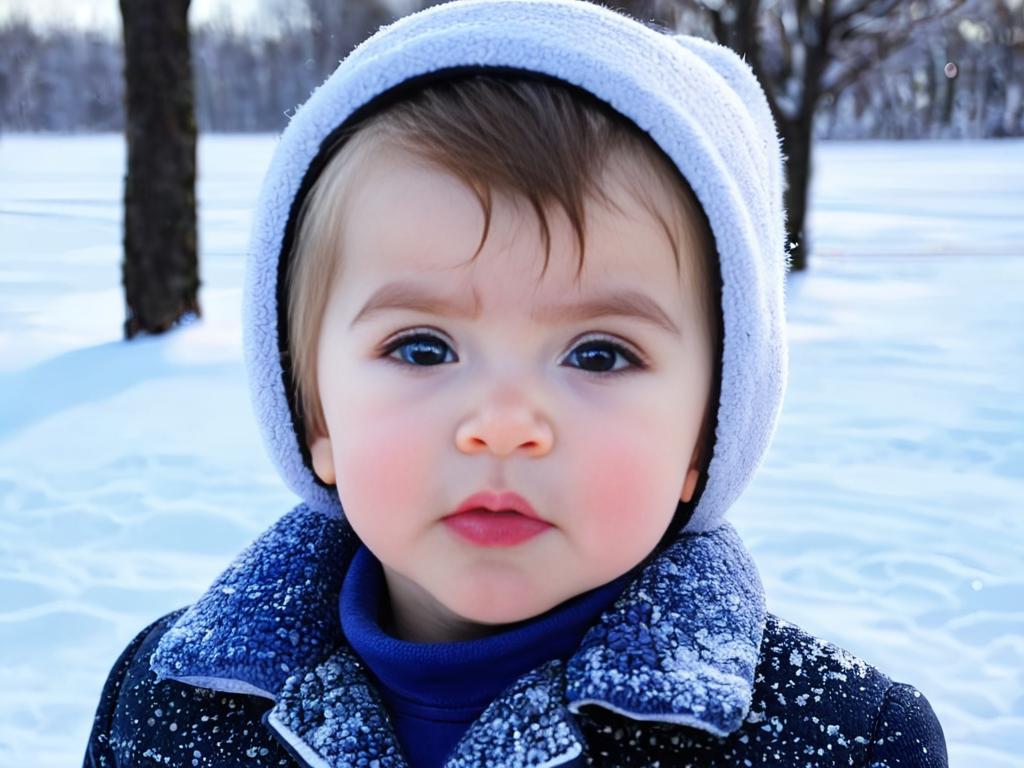 Обмороженные щеки малыша на улице зимой.