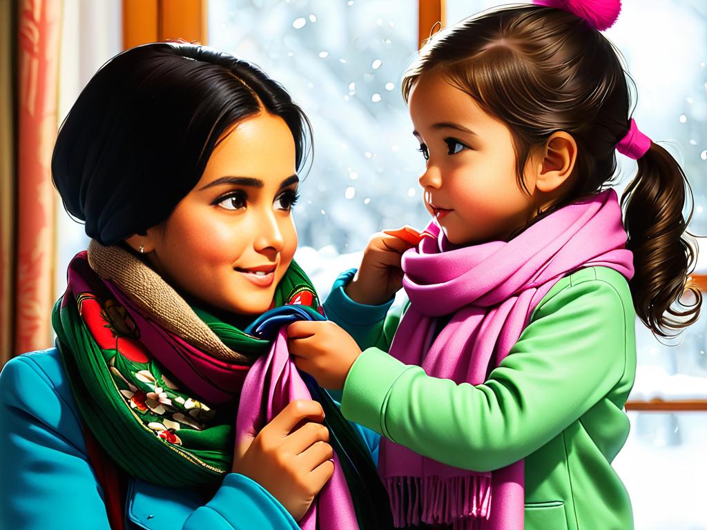 Мама наматывает шарф на дочку перед выходом на мороз.
