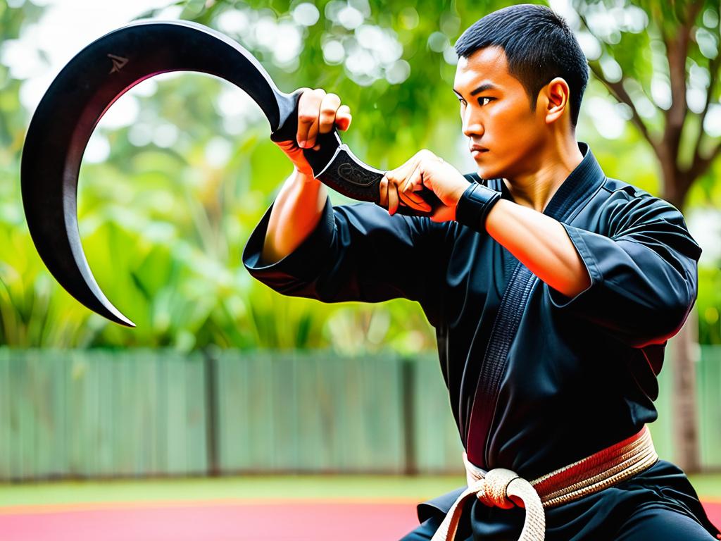 Человек тренируется владению ножом керамбит, делая вращательные движения в рамках занятий боевыми