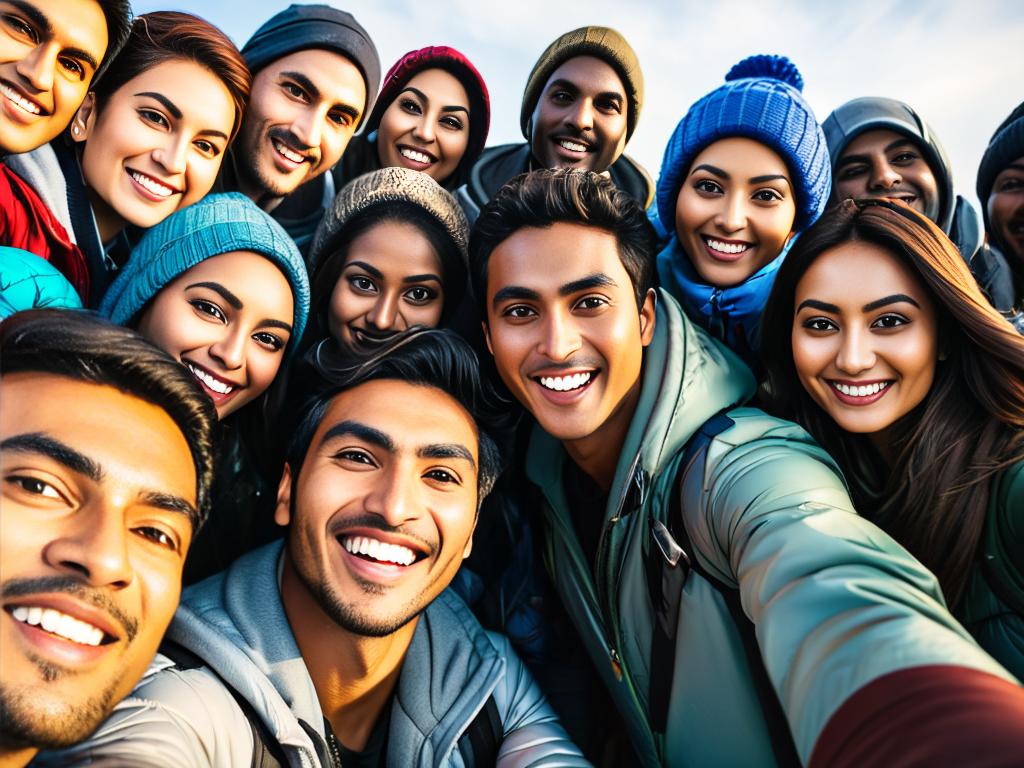 Группа иммигрантов разных национальностей фотографируется на селфи