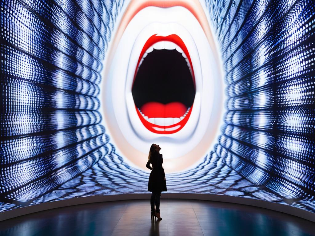 Женщина стоит перед гигантской инсталляцией в виде огромного открытого рта