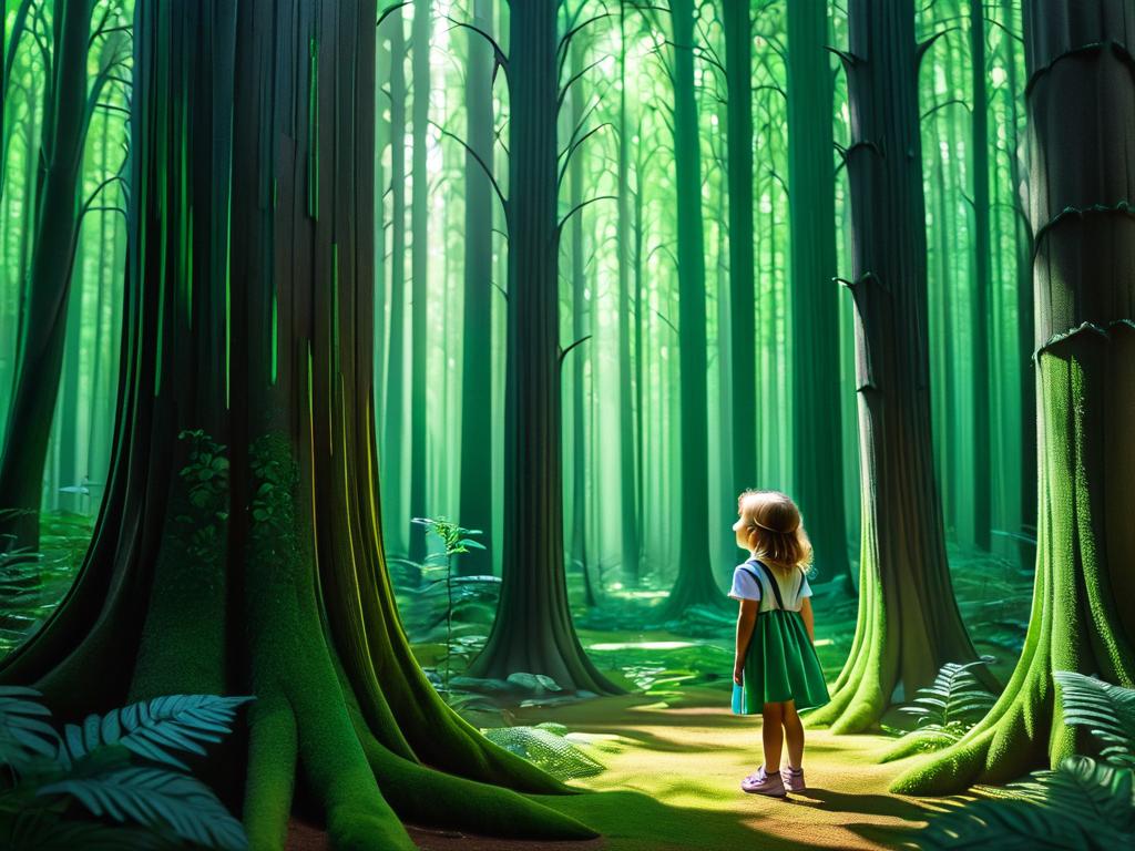 Маленькая девочка с восхищением смотрит на инсталляцию леса в виде оптической иллюзии