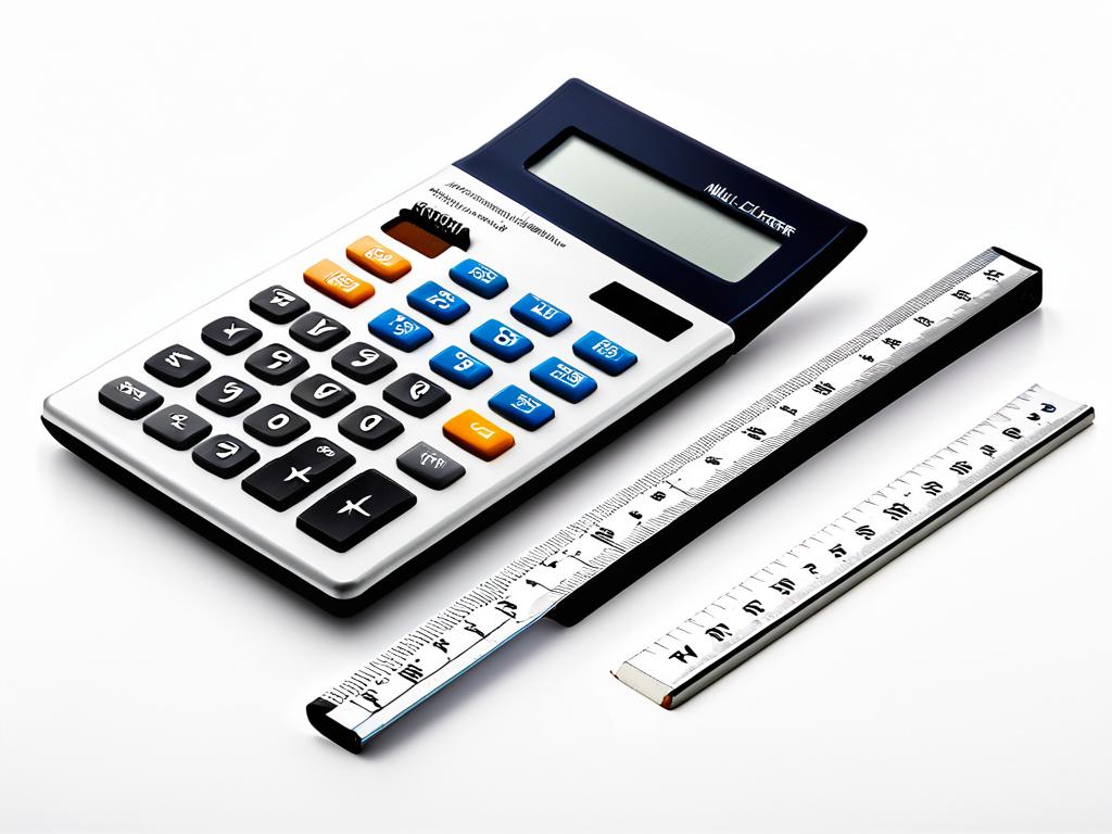 Калькулятор и линейка на белом фоне