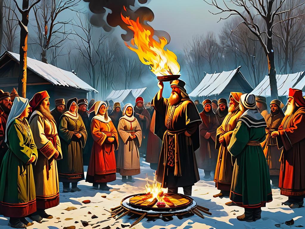 Иллюстрация древнего славянского празднования Масленицы с языческими обрядами