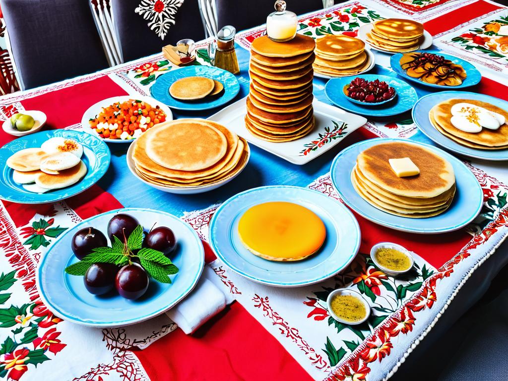 Стол с традиционными праздничными масленичными блюдами, в том числе блинами