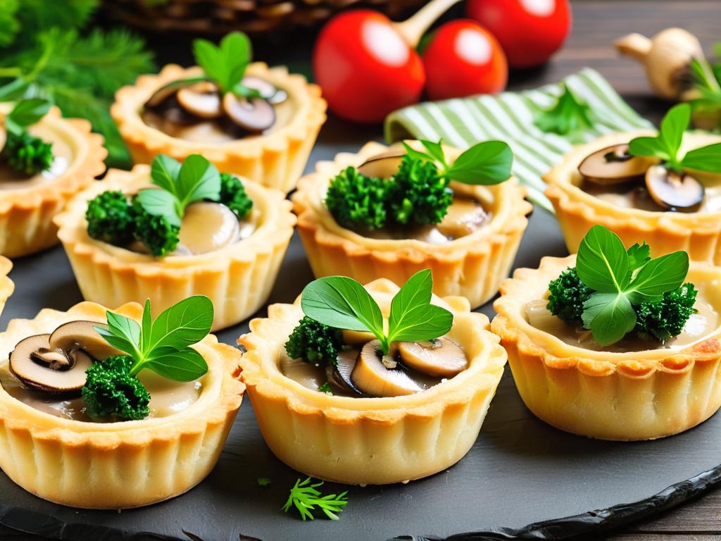Аппетитно выглядят тарталетки с курино-грибной начинкой, декорированные зеленью