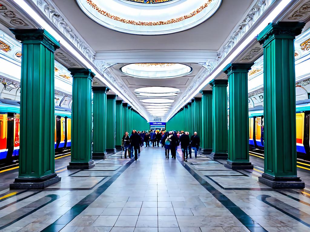 Вид на внутреннее пространство станции метро Ясенево с колоннами и пассажирами