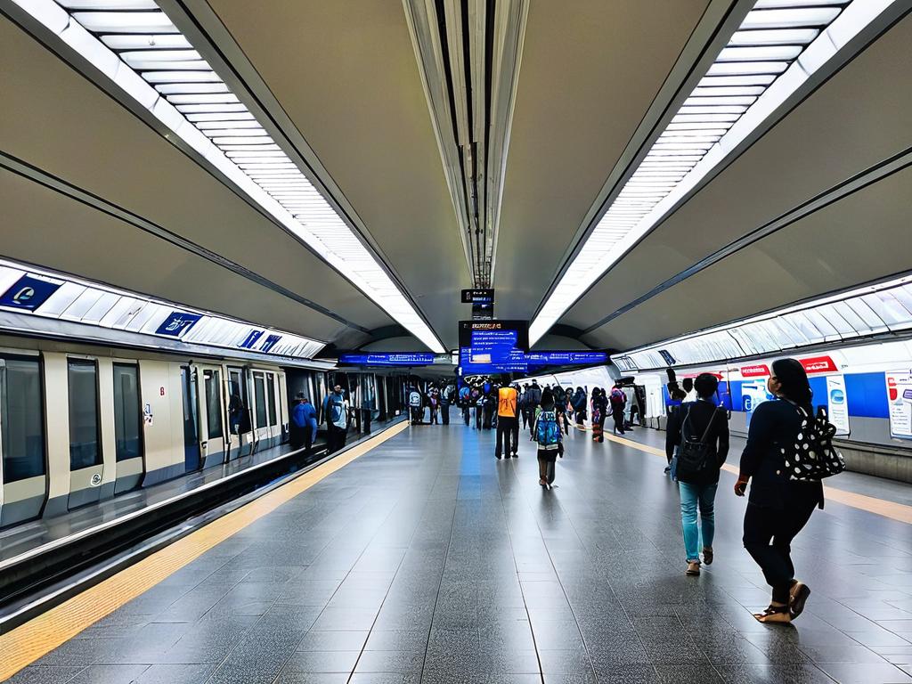 Вид станции метро изнутри с людьми на платформе
