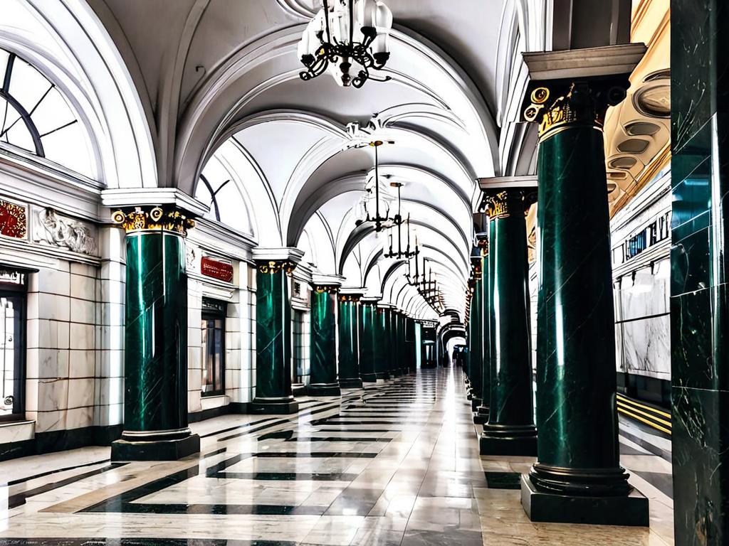 Мраморные колонны и арочный потолок внутри станции метро Тверская в Москве