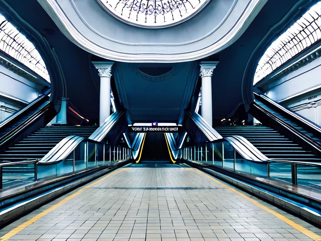 Эскалаторы и колонны на платформе станции метро Тверская в Москве