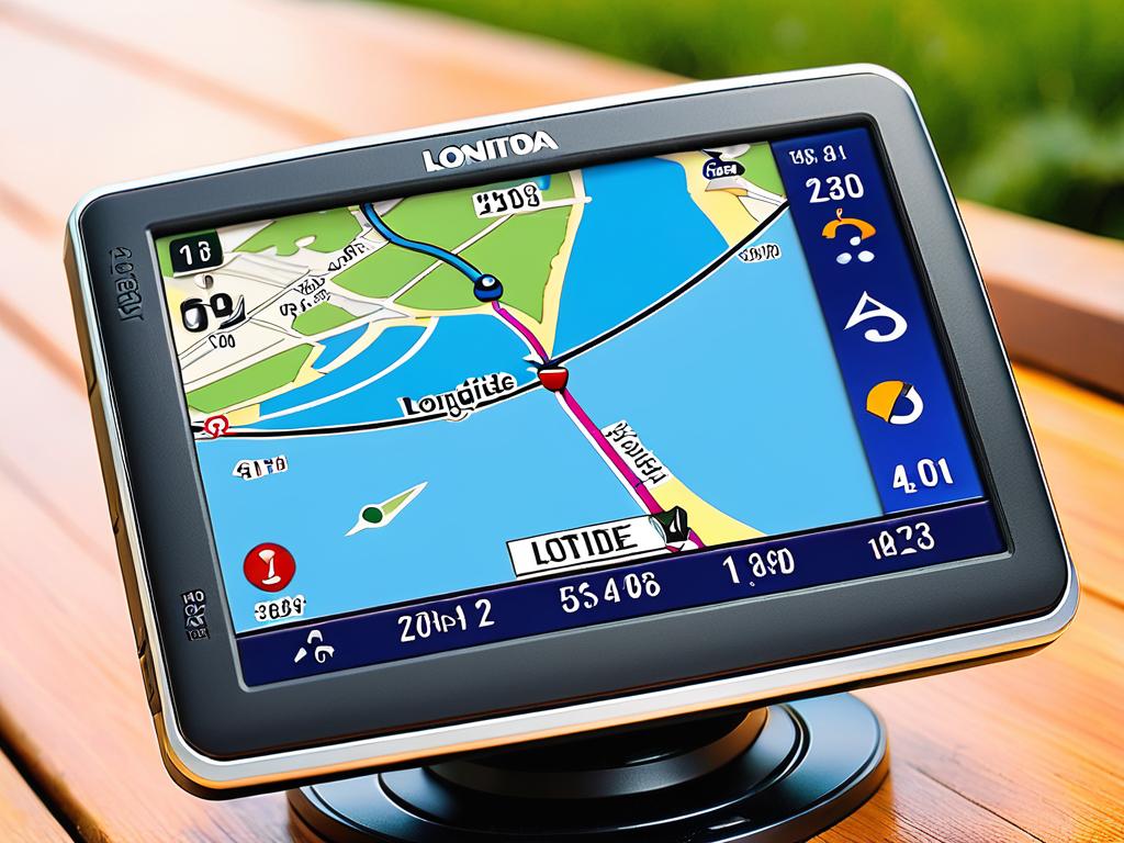 Современный навигатор с GPS, показывающий широту и долготу