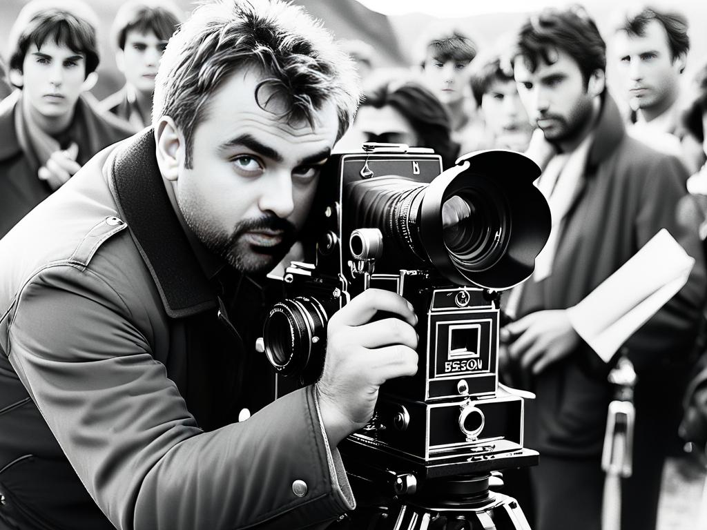 Черно-белая ретро фотография молодого Люка Бессона с кинокамерой, снимающего сцену