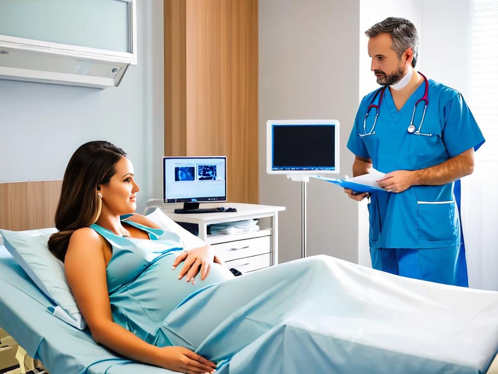 Беременная женщина на приеме у врача в больничном кабинете