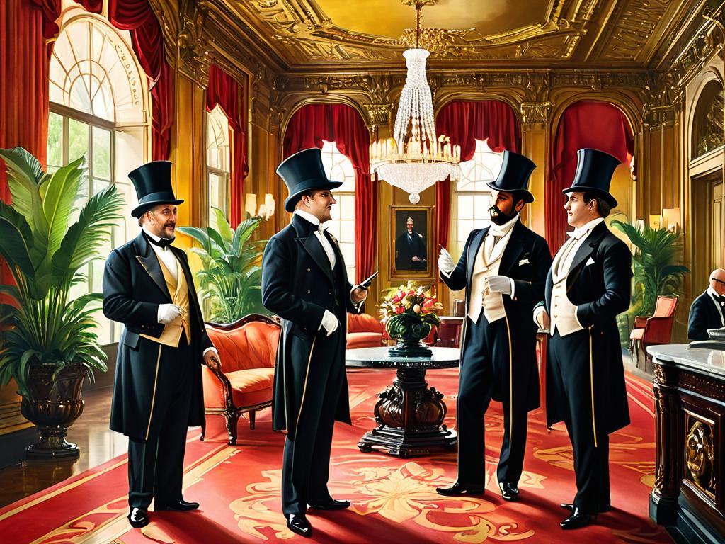 Картина, изображающая богачей в цилиндрах, ведущих переговоры в роскошном холле