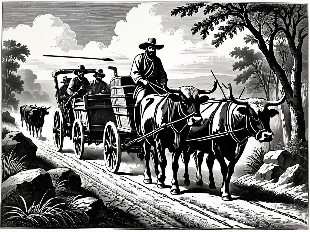 Старинная гравюра, изображающая крестьян, гоняющих скот острыми палками