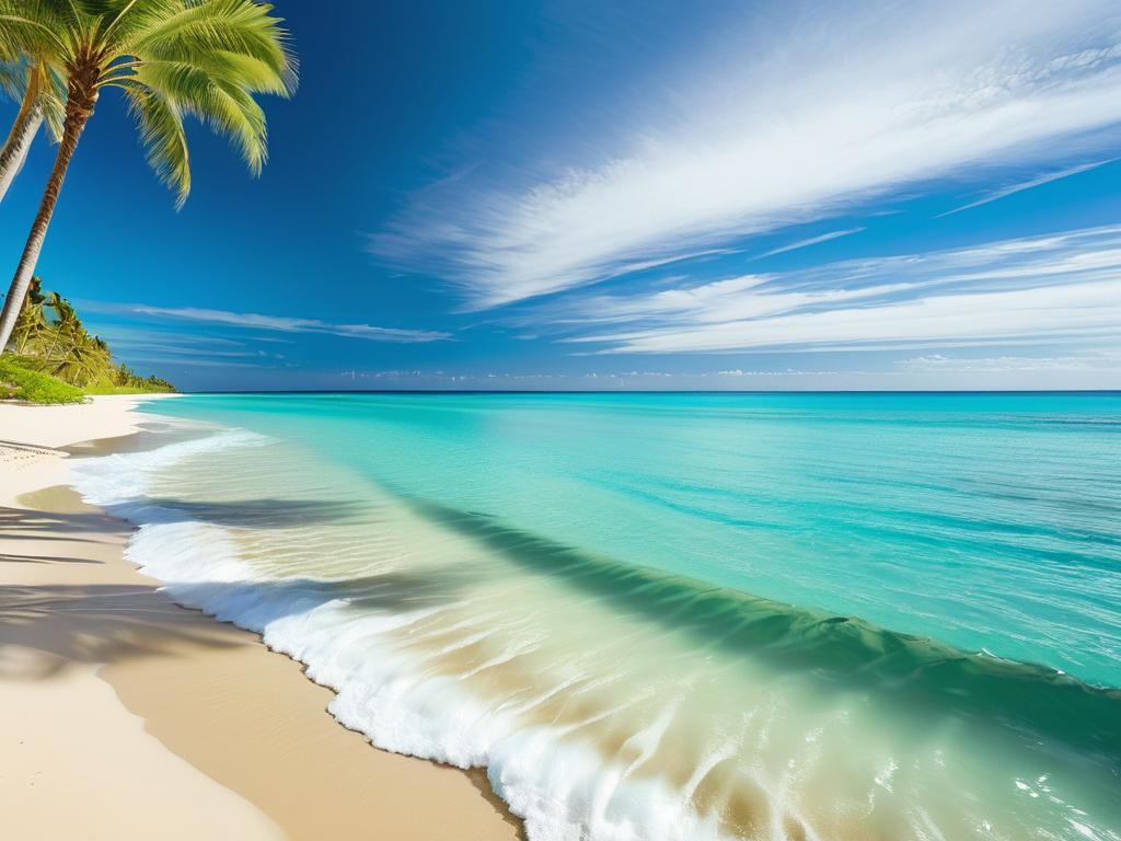 Бирюзовая вода на золотистом песчаном пляже с пальмами