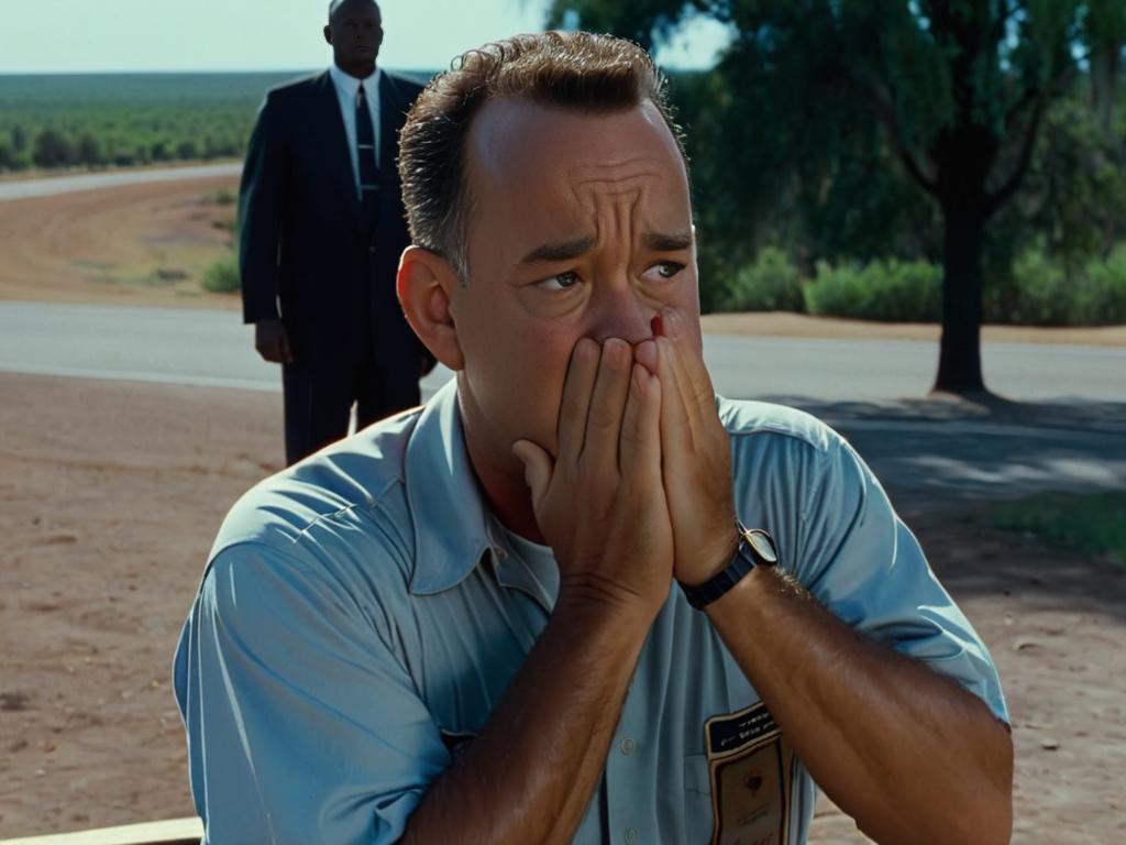 Том Хэнкс плачет закрыв лицо руками в напряженной сцене из фильма Форрест Гамп