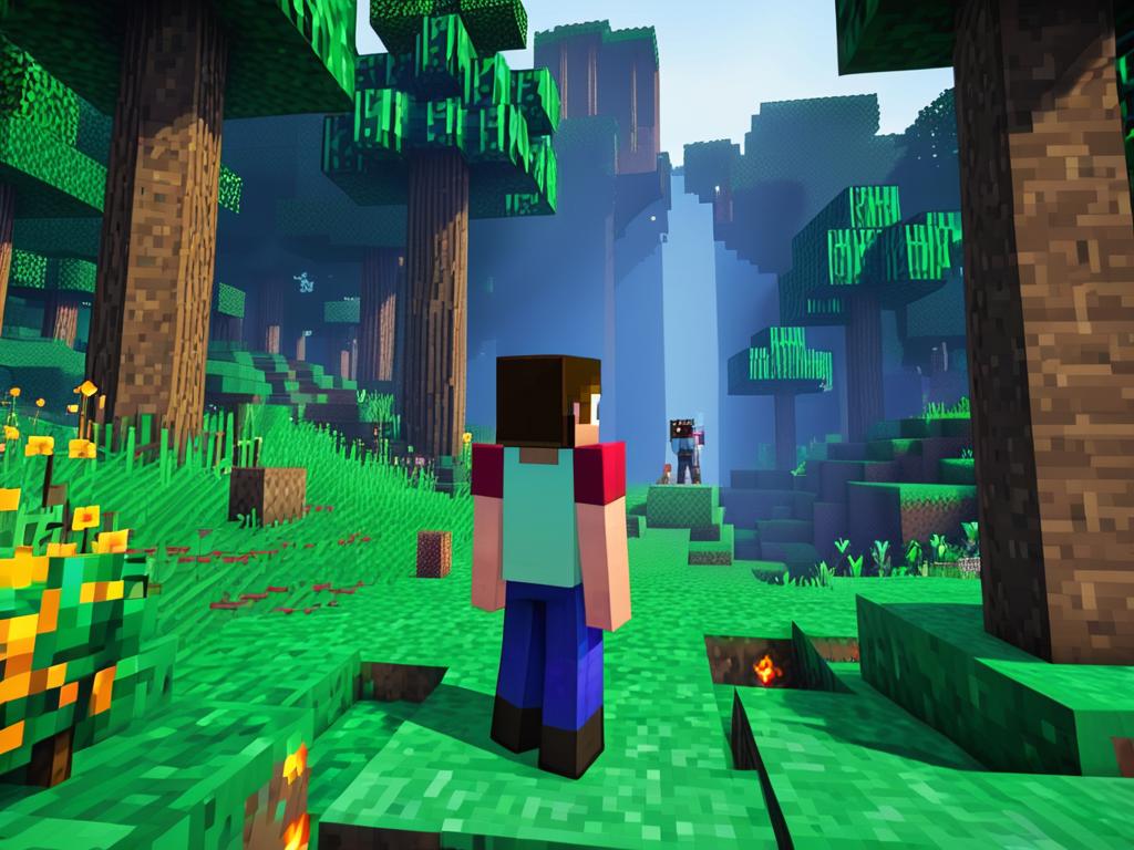 Скриншот из Майнкрафт с Херобрином рядом с игроком в лесу