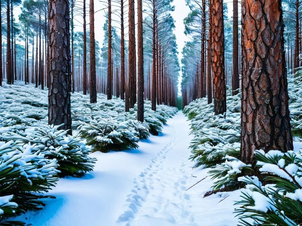 Зимний лес с елями и соснами