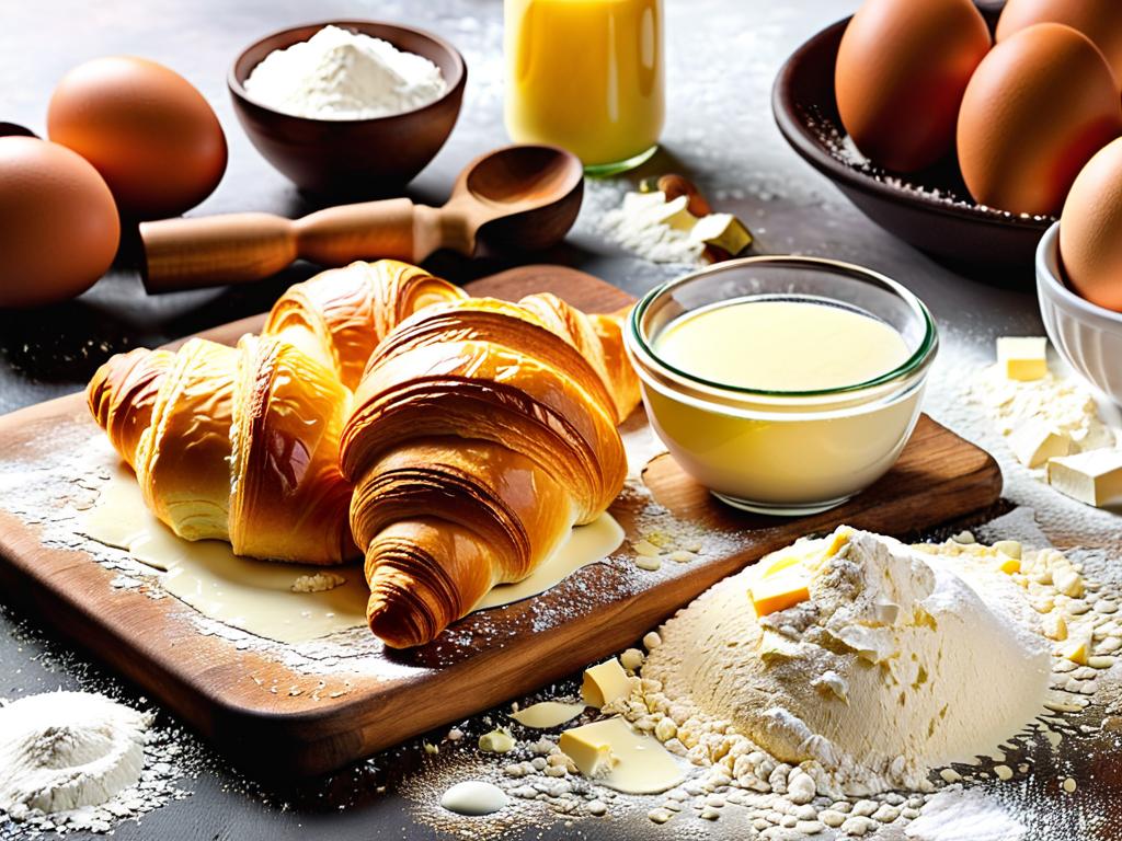 Масло, мука, яйца и другие ингредиенты для теста круассанов на кухонном столе
