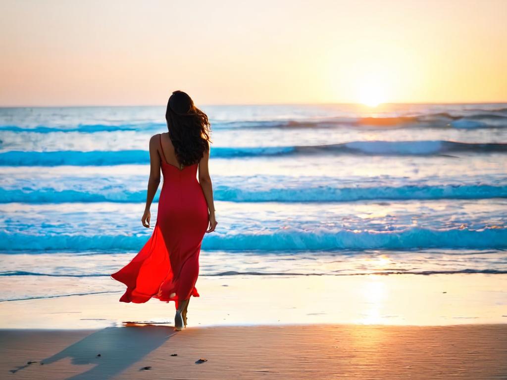 Женщина в красном платье на пляже