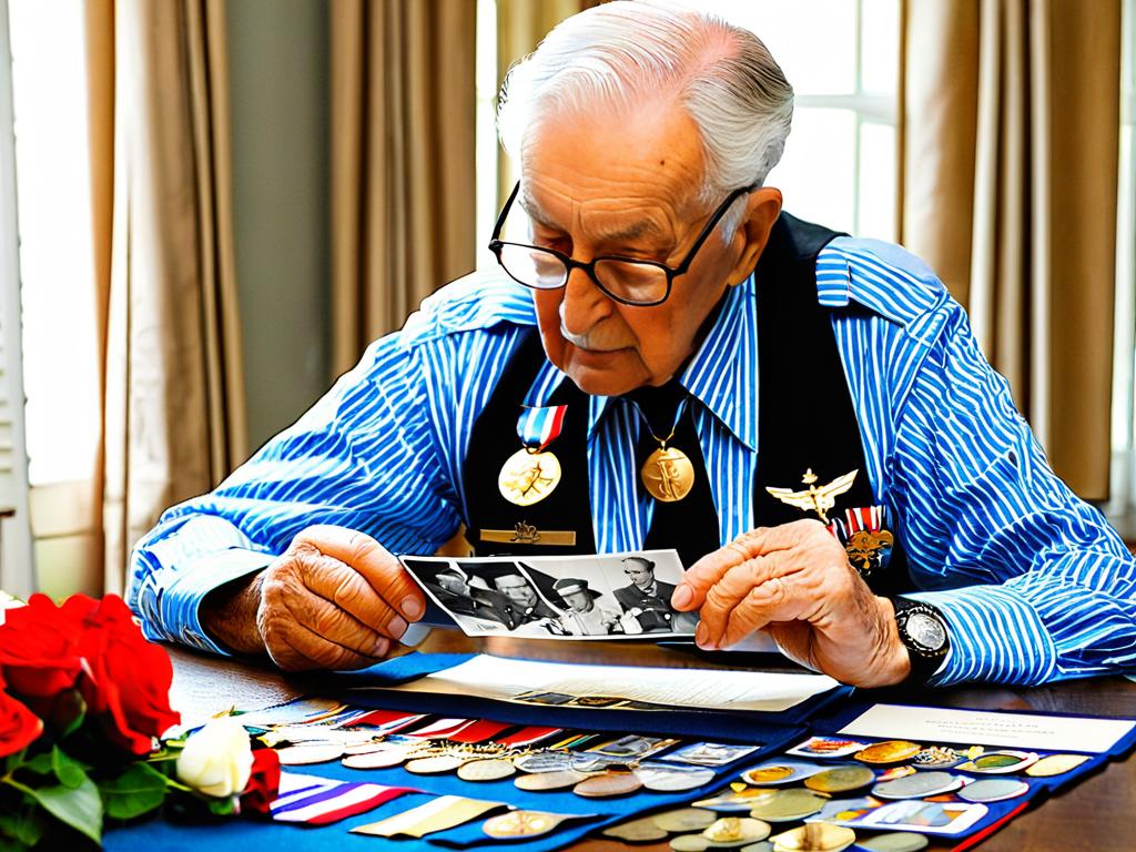 Ветеран Второй мировой войны смотрит старые фотографии и награды