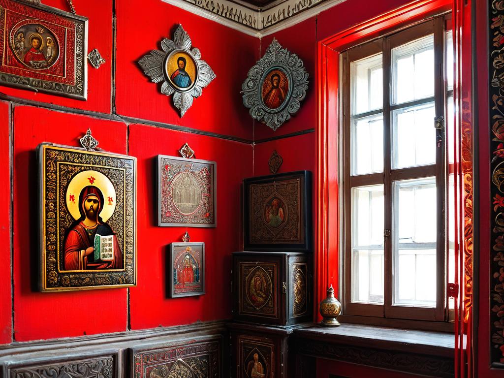 Старинные русские иконы и вышивки в красном углу