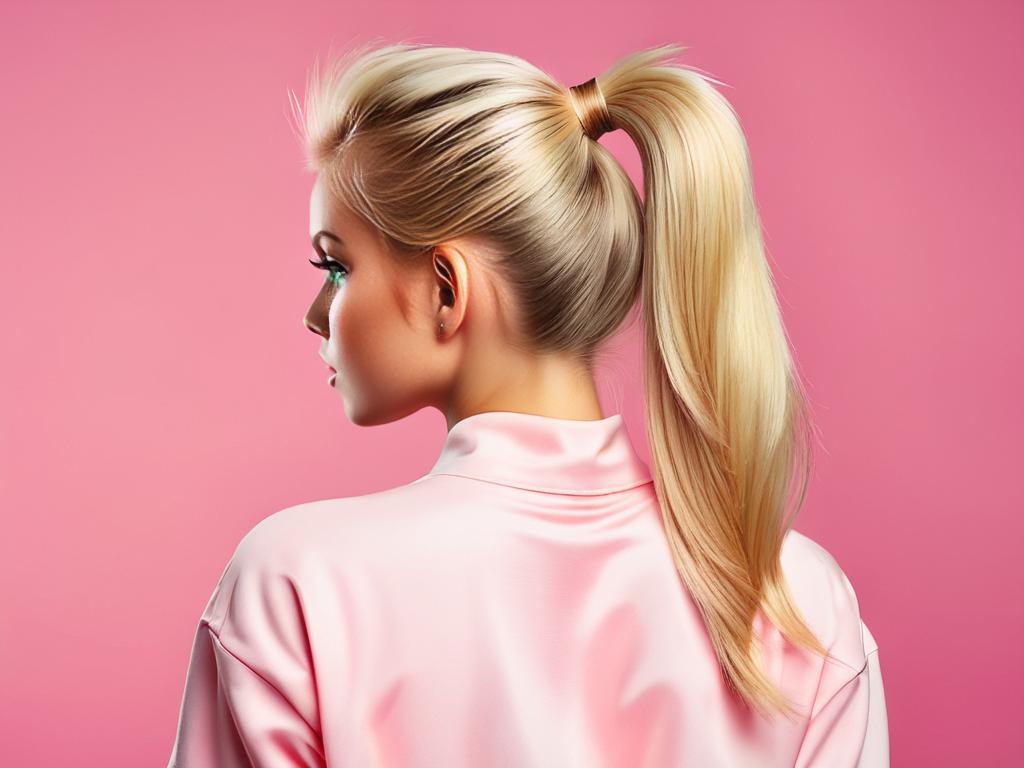 Задний план блондинки-подростка с высоким хвостом на розовом фоне