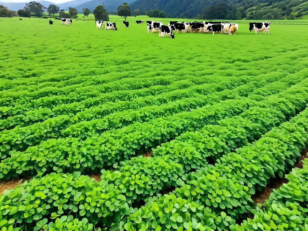 Коровы поедают свежий зеленый корм клевера и злаковых культур на выгульной площадке молочной фермы