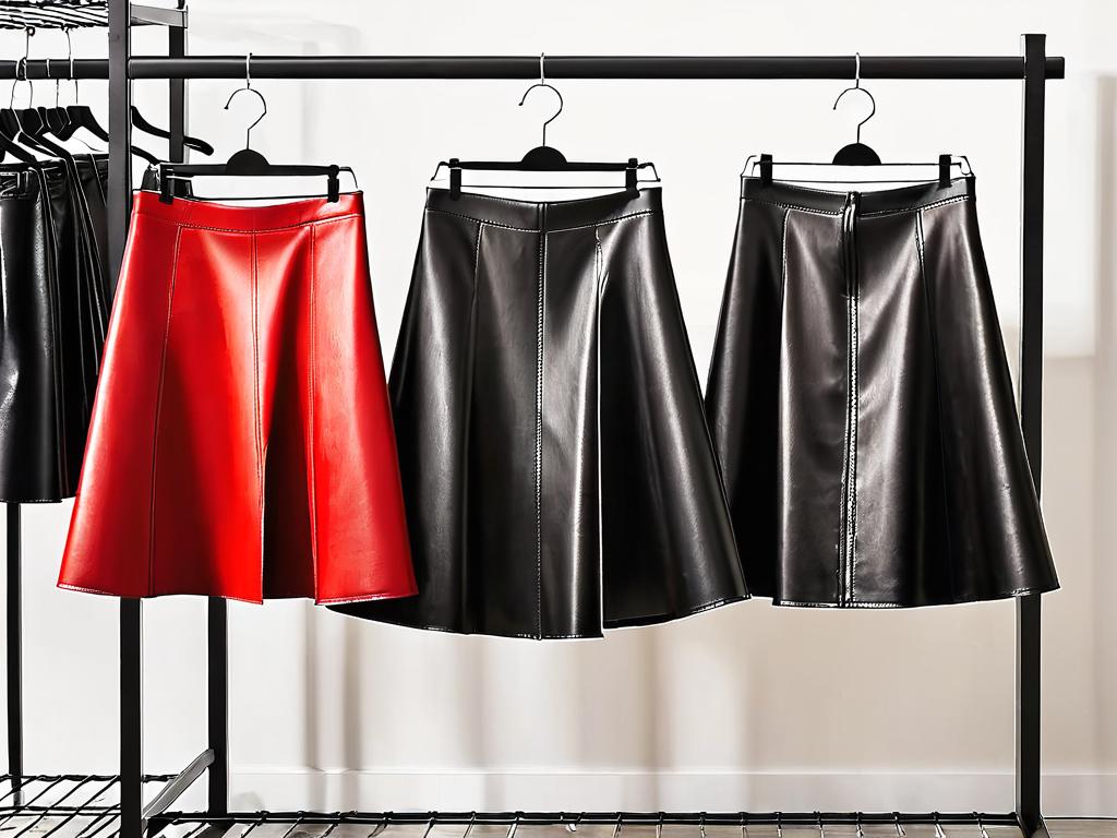 Три кожаные юбки черного, коричневого и красного цвета на вешалке в магазине