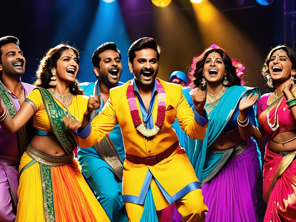 Актеры индийской комедии танцуют и поют в красочных костюмах