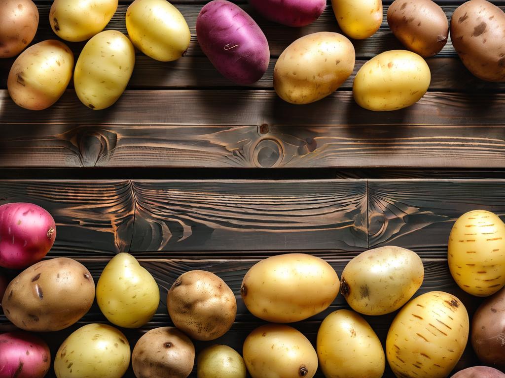 На фото картофель разных сортов на деревянном столе