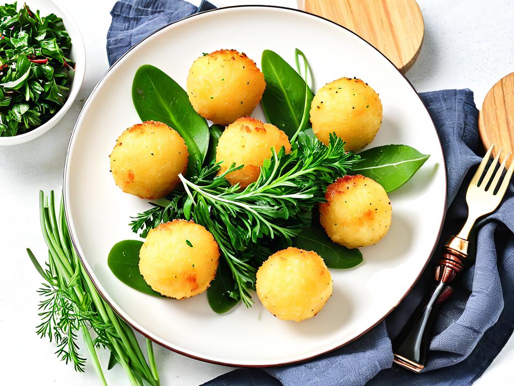 На фото картофельные шарики поданы на тарелке с зеленью