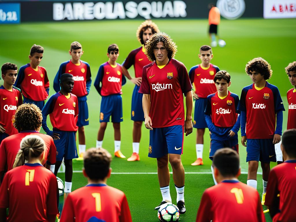 Юный Карлес Пуйоль тренируется с молодежным составом Барселоны на поле, одетый в красную