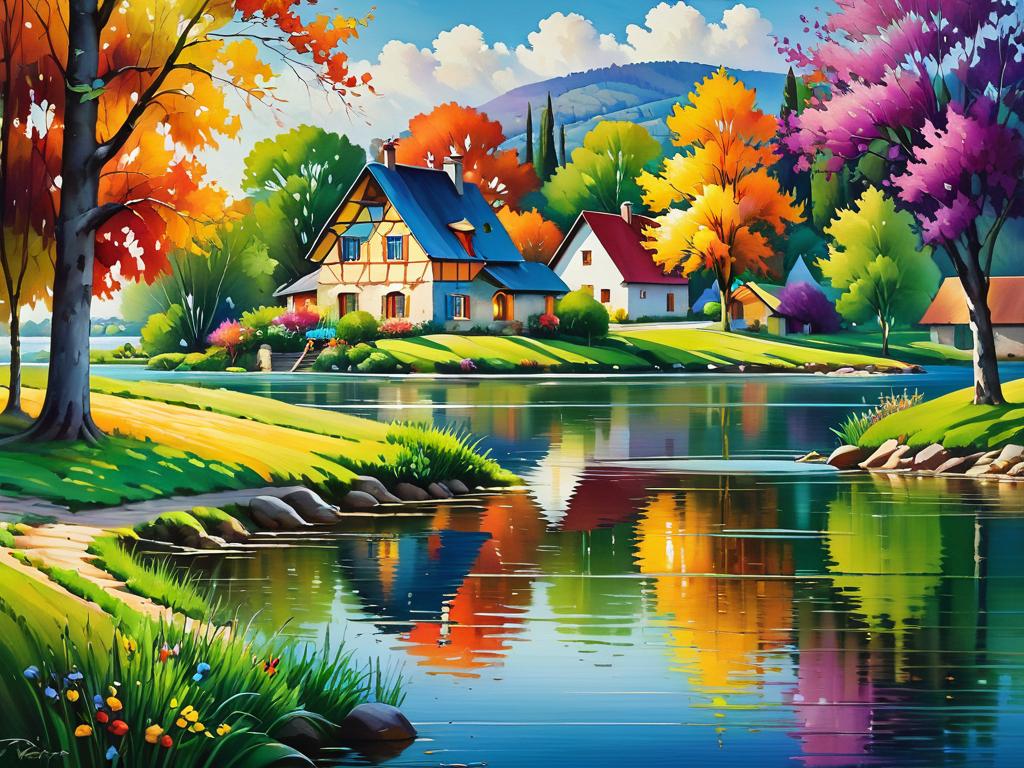 Красочная картина сельского пейзажа с домами и деревьями у озера