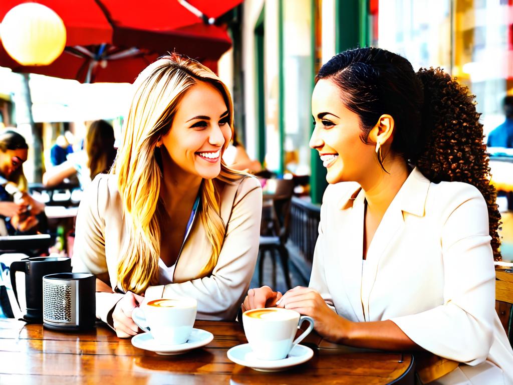 Две молодые женщины разговаривают за кофе в кафе, улыбаясь