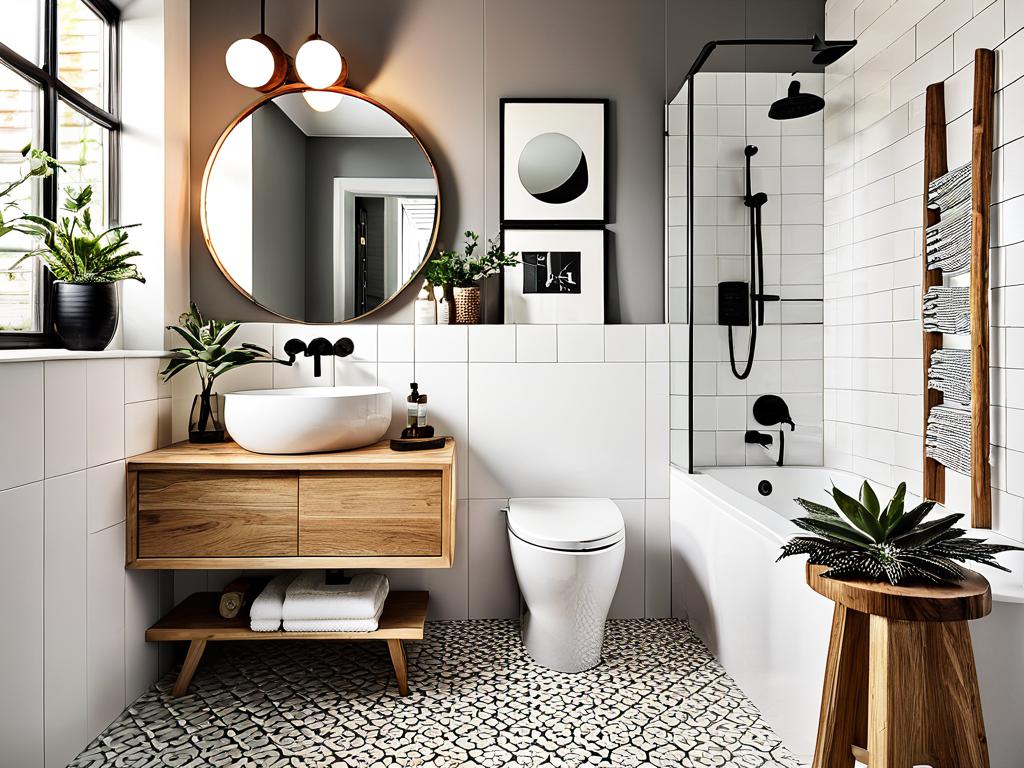 Стильная небольшая ванная комната с деревянными акцентами, белой плиткой, круглым зеркалом