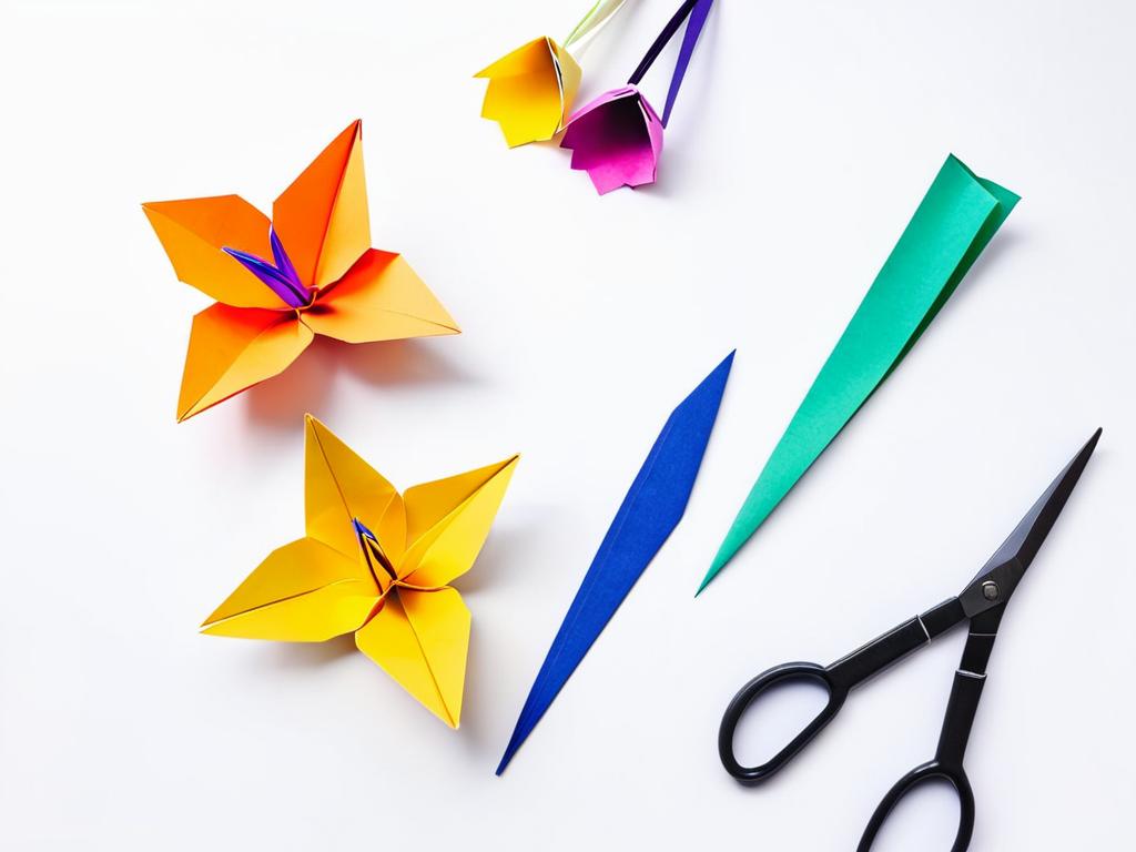 Лилия оригами лежит на белом фоне рядом с необходимыми материалами: листами цветной бумаги и