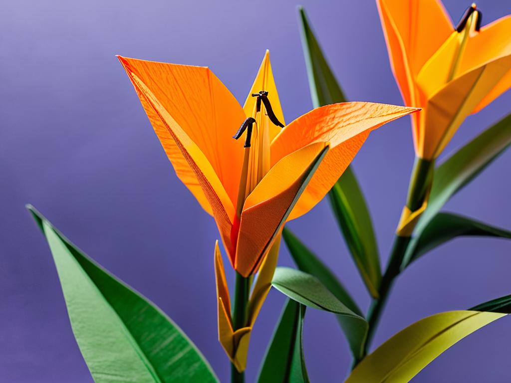 На крупном фото часть лилии оригами из оранжевой креповой бумаги