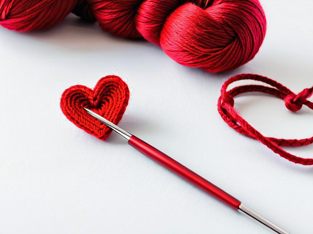 Красный крючок для вязания в форме сердца на клубке красной пряжи