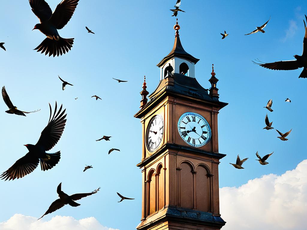 Часы на старой башне с летящими птицами - иллюстрация к теме времени в заголовке