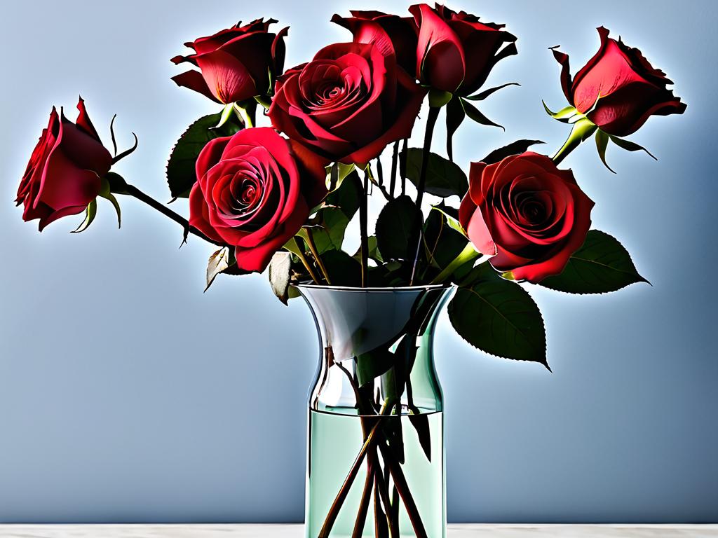 Увядшие красные розы в вазе.