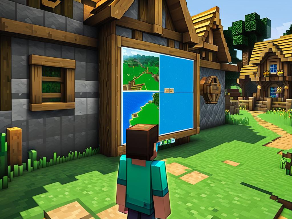 Игровой персонаж Майнкрафт смотрит на координаты деревни, выведенные в чат после использования