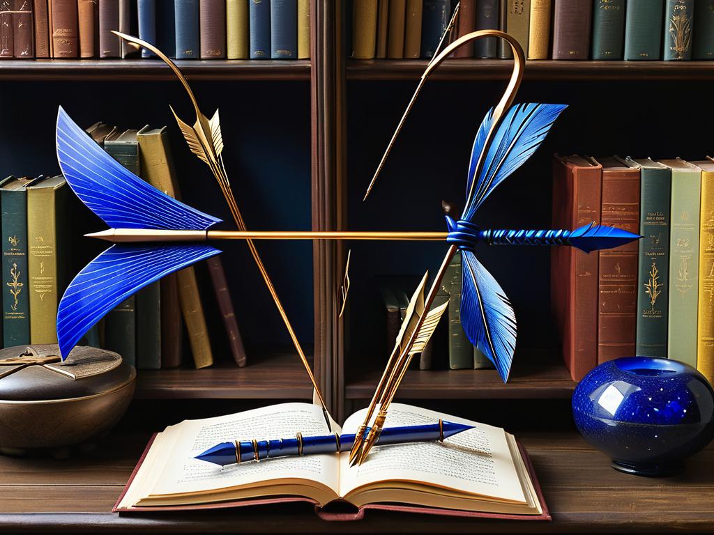 Лук с разными стрелами на столе зачарований с книжными шкафами и лазуритом