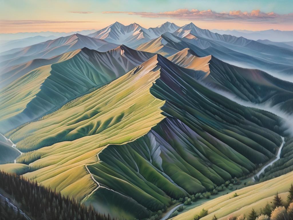 Нежная пастельная живопись гор, с постепенным ослаблением насыщенности цвета на заднем плане для