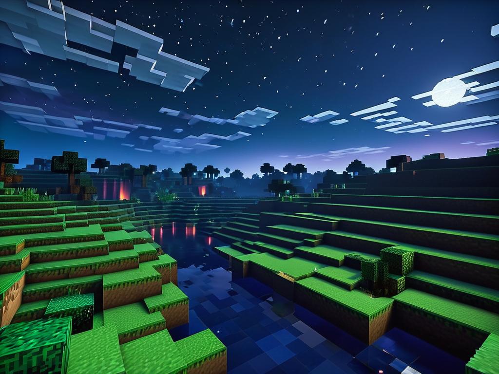 Ночное небо и пейзаж в игре Майнкрафт