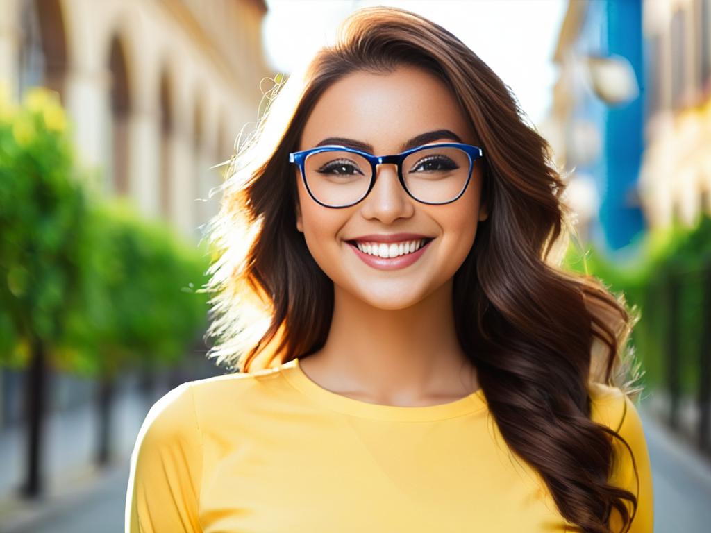 Портрет молодой улыбающейся женщины в очках