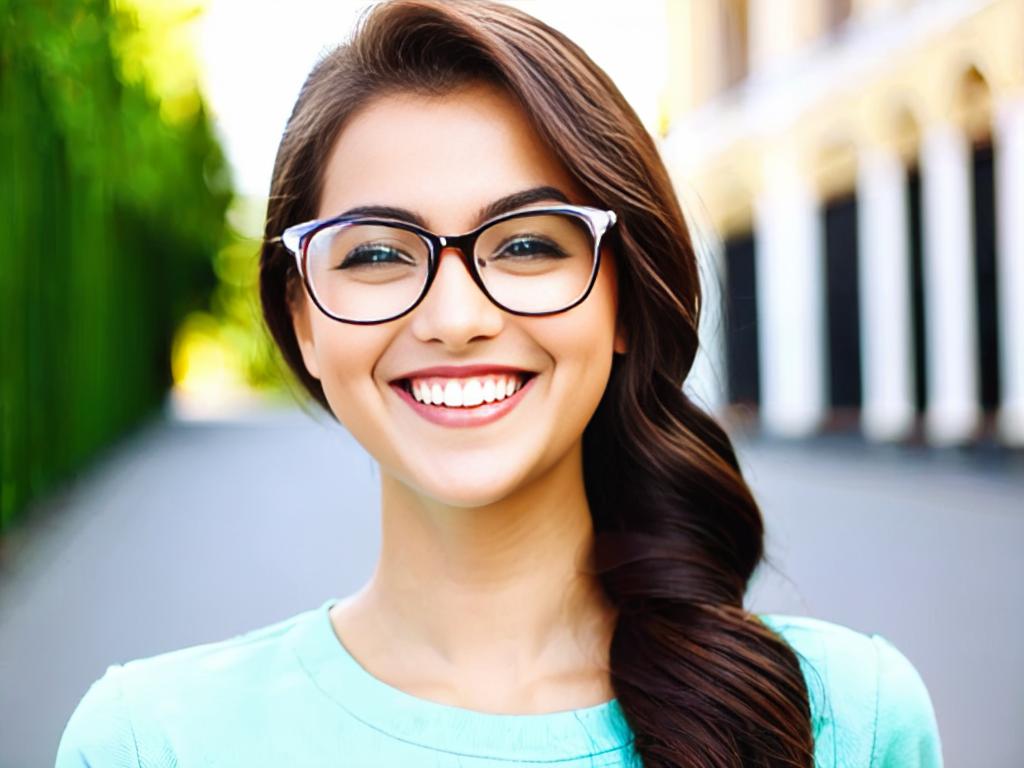 Портрет молодой женщины в очках, улыбающейся в камеру