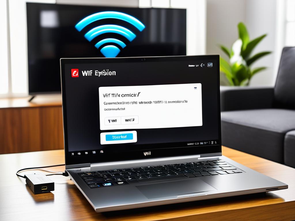 Фотография, демонстрирующая беспроводной режим подключения по Wi-Fi между ноутбуком и телевизором