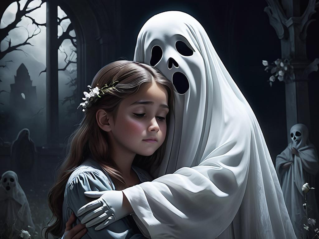 Дочь обнимает призрак умершего отца, скучает по нему и вспоминает время, проведенное вместе